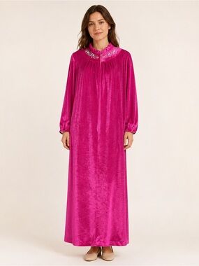 Vtg Monte Carlo Sz S Nightgown Robe Half Zip Cottagecore Floral Velvet  USA READ
